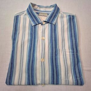 Tommy Bahama Blue White 100% Silk Striped Short Sleeve Button Up Men’s Medium